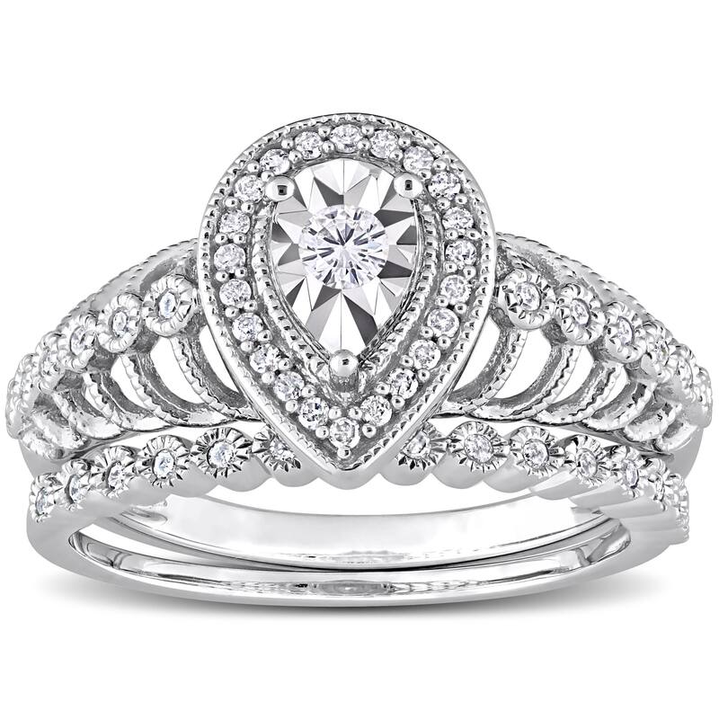 Miadora 1/3ct TDW Diamond Teardrop Halo Bridal Ring Set in Sterling Silver