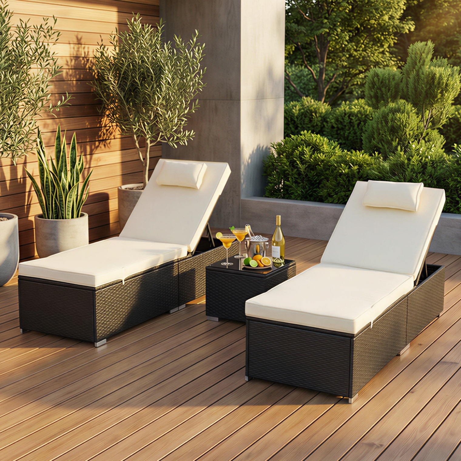 3-Piece Outdoor Wicker Chaise Lounge Chairs Set with Coffee Table