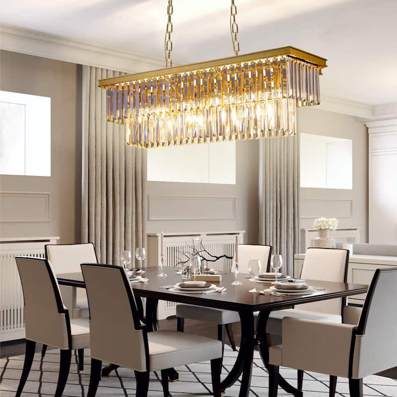 Gold Rectangle Crystal Chandelier, Luxury Pendant Light for Dining Room, Bulbs Included