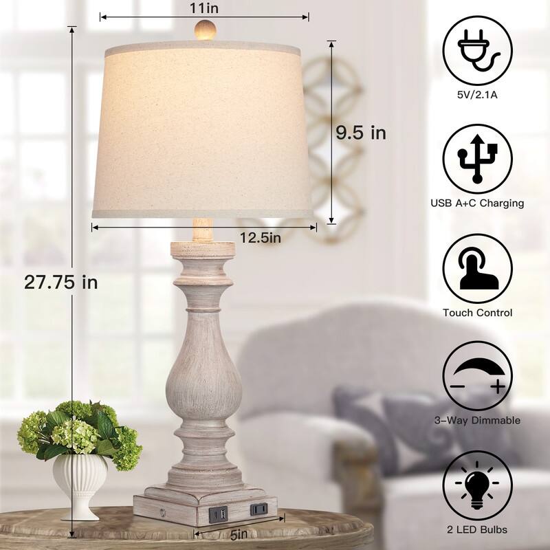 27.5'' Beige Bedside Resin Table Lamps with Built-in USB Ports, and Touch Control (Set of 2) - 12.5'' x 12.5'' x 27.5''