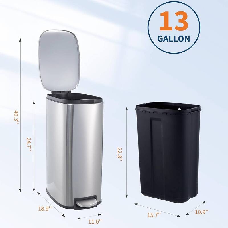 13 Gallon/ 50 Liter Slim Stainless Steel Garbage Bin, Trash Can for Kitchen Bathroom