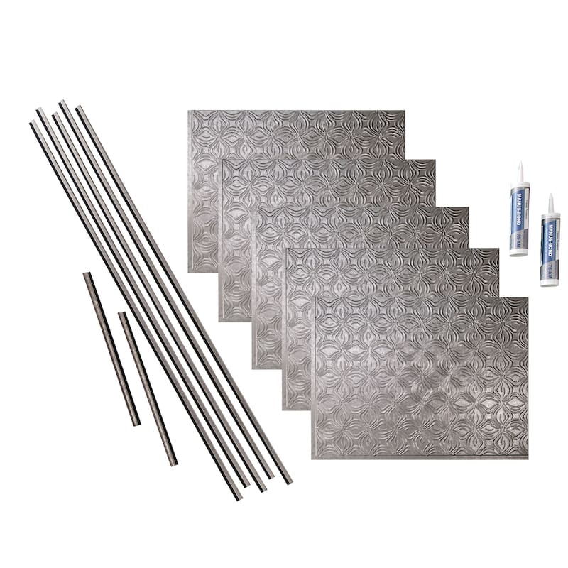 FASÄDE Lotus Decorative Vinyl Backsplash Panel - 15 Sq Ft Kit - Galvanized Steel