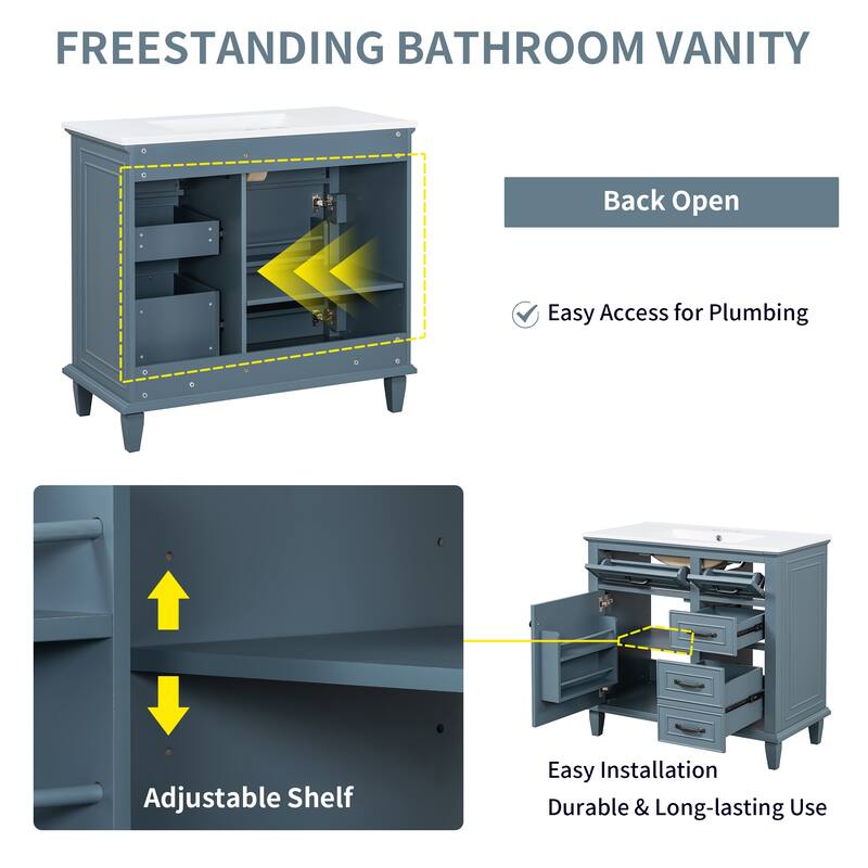 Roomfitters 36" Bathroom Vanity with Sink, Solid Wood Frame, 2 Flip Drawers & Soft-Close Cabinet with Door Rack