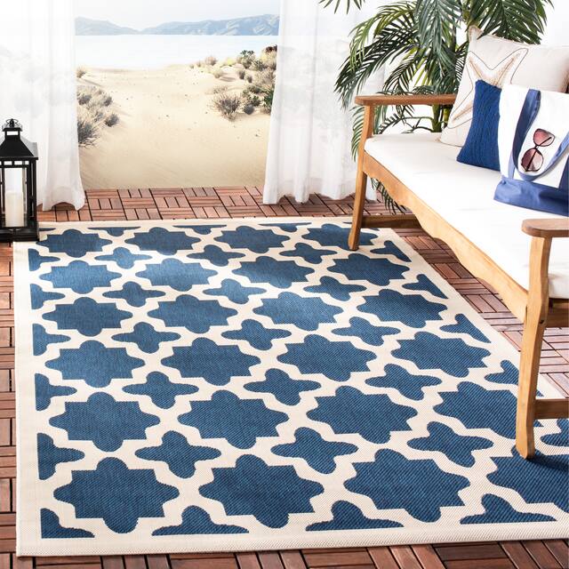 SAFAVIEH Courtyard Dorthey Indoor/ Outdoor Patio Backyard Rug - 4' x 5'7" - Navy/Beige