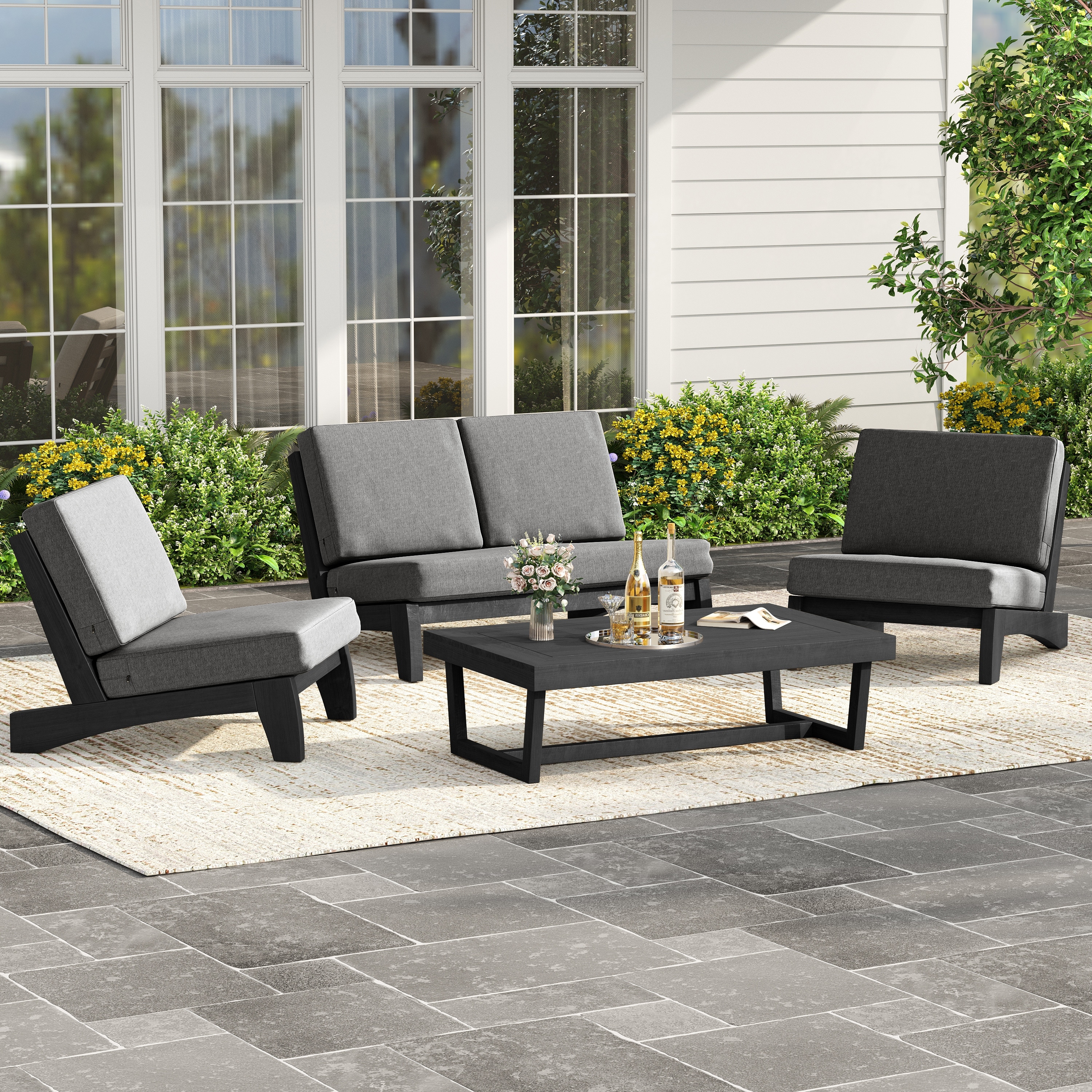 Outdoor Patio Solid Wood Furniture Chair Loveseat Sets with Cushions
