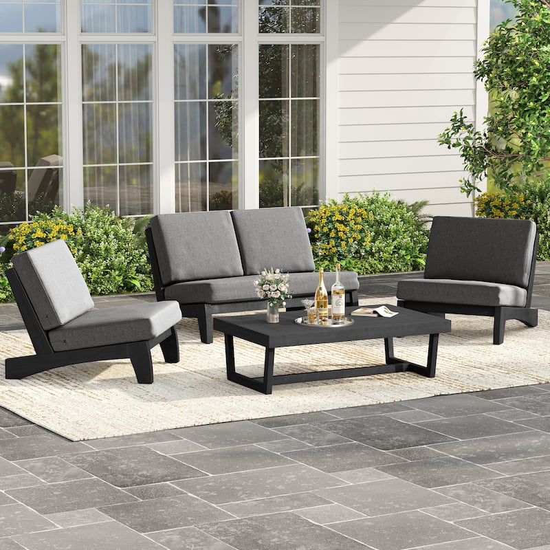 4Piece Wood Outdoor Loveseat Chair Conversation Set with Table Cushion