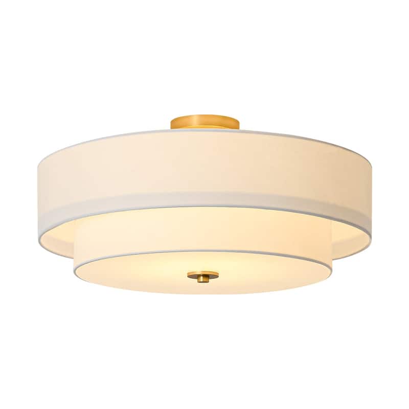 French Country Brass Round White Linen Drum Ceiling Light