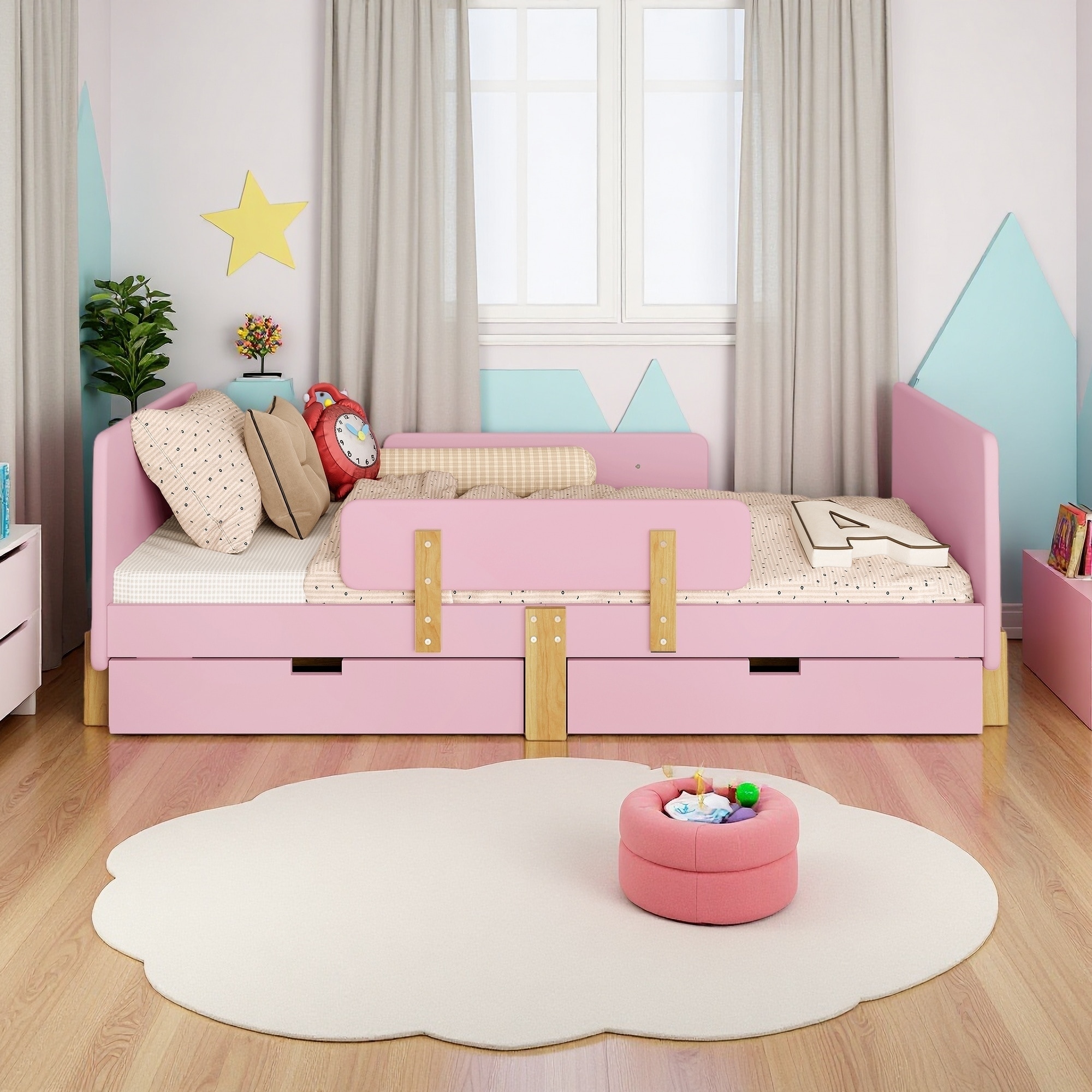 Twin Size Solid Wood Platform Bed with Storage Drawers, Bed Guardrail, Small Shelf, and Hooks, No Box Spring Needed