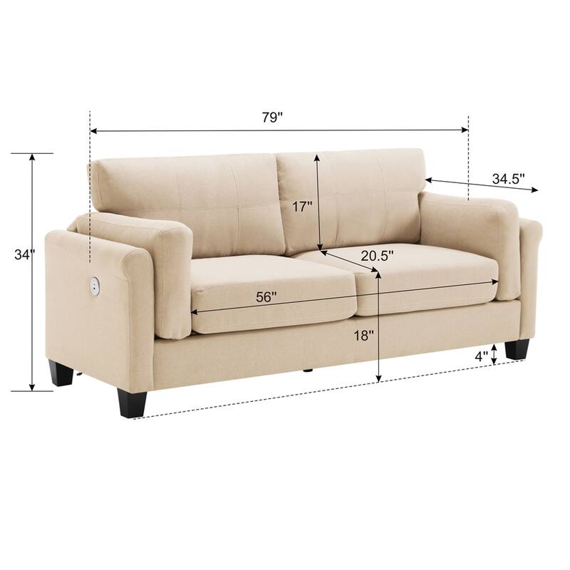 79" Modern Style Button Tufted Linen Upholstered 3-seat Sofa - Khaki