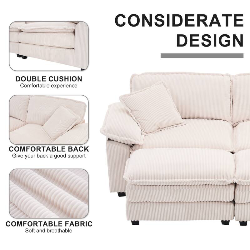 84.6" Corduroy 2-seats sofa With 2 back pillows,2 toss pillows and two ottoman