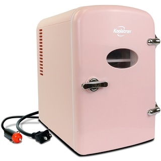 Koolatron 4L Retro Portable Mini Fridge w/ 12V DC and 110V AC Cords, 6 Can Personal Cooler, Pink