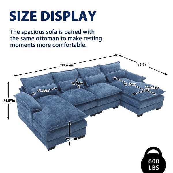 dimension image slide 1 of 11, Chenille Upholstered U-Shaped Living Room Sectional Sofa With Wooden Legs