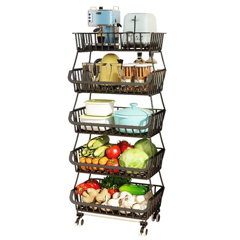 5 Tier, Kitchen Fruit Vegetable Storage Cart, Vegetable Basket Bins for Onions and Potatoes, Wire Storage Organizer Utility Cart
