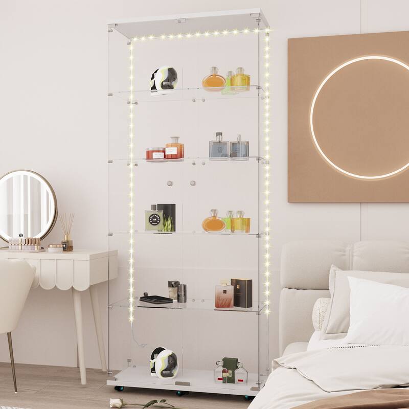 Tempered glass display cabinet, file cabinet, with Bluetooth LED light strip, lock on the door,equipped with cast, easy to move