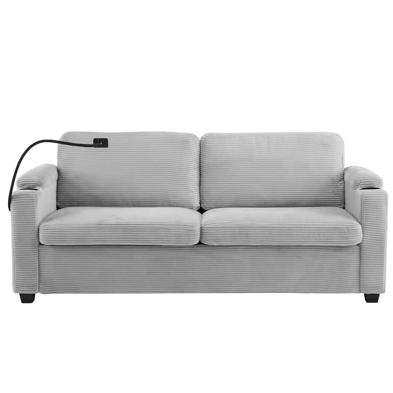 72.8" Corduroy Sleeper Sofa with Full Size Mattress and USB Ports, Loveseat Sofa with Cup Holders and Side Pockets