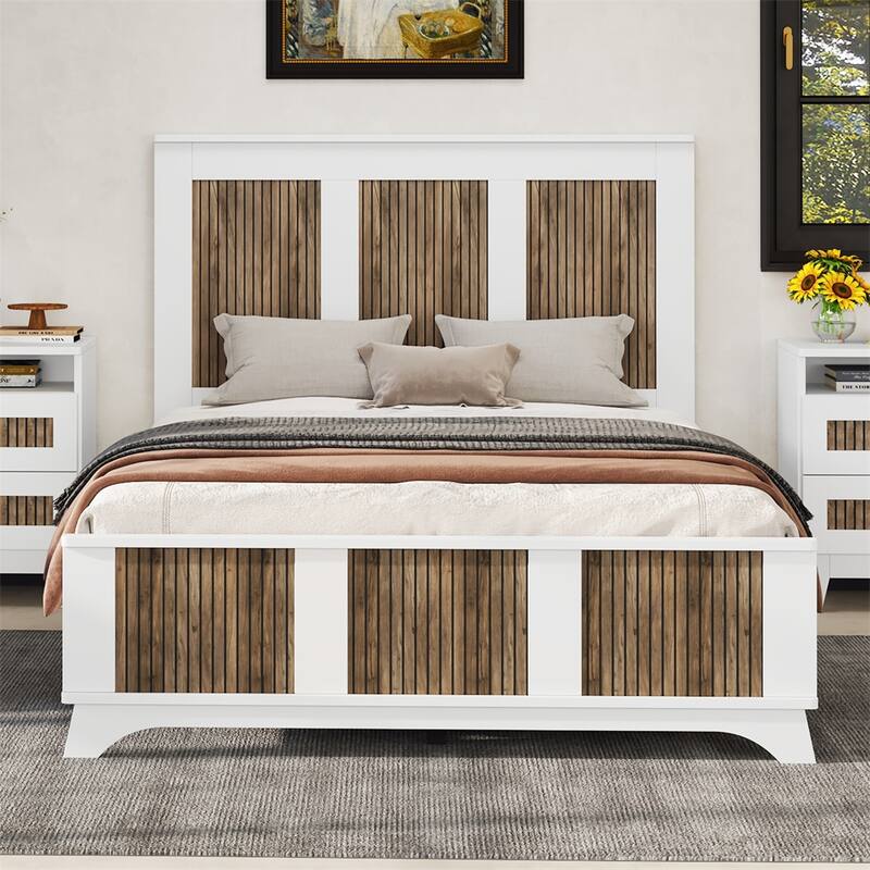 Farmhouse Wooden Platform Full Size Bed,with Wooden Strip Decoration