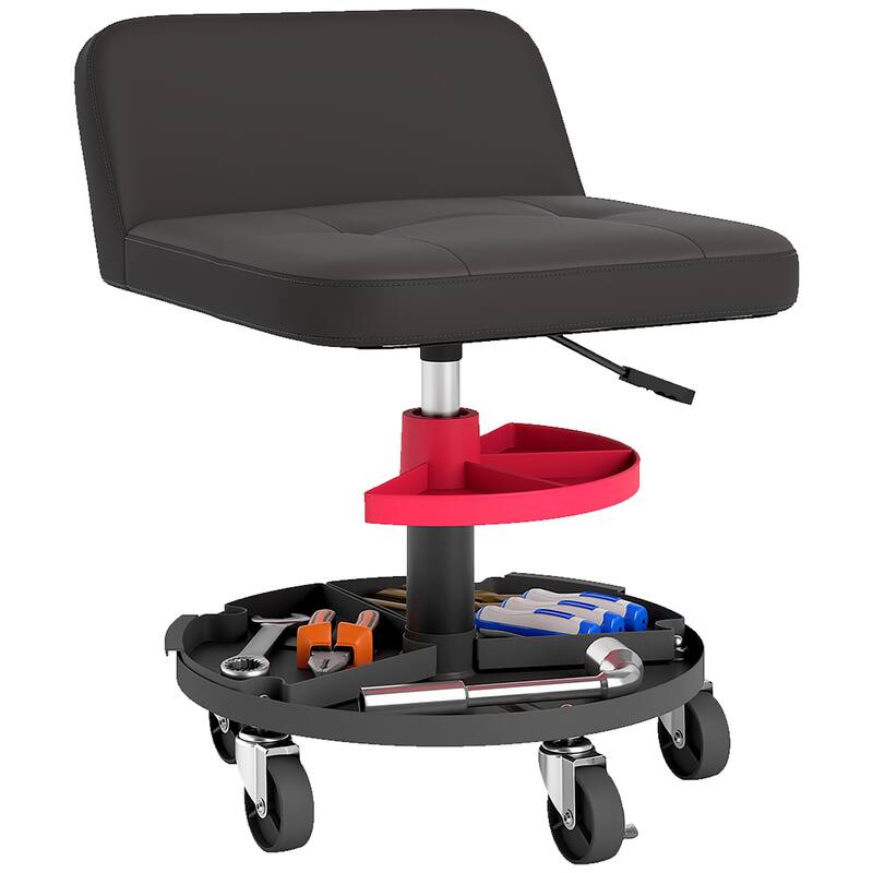 HOMCOM Rolling Mechanic Stool, 300 LBS. Capacity Pneumatic Creeper Garage Stool with 360° Wheels, Tool Tray, Black