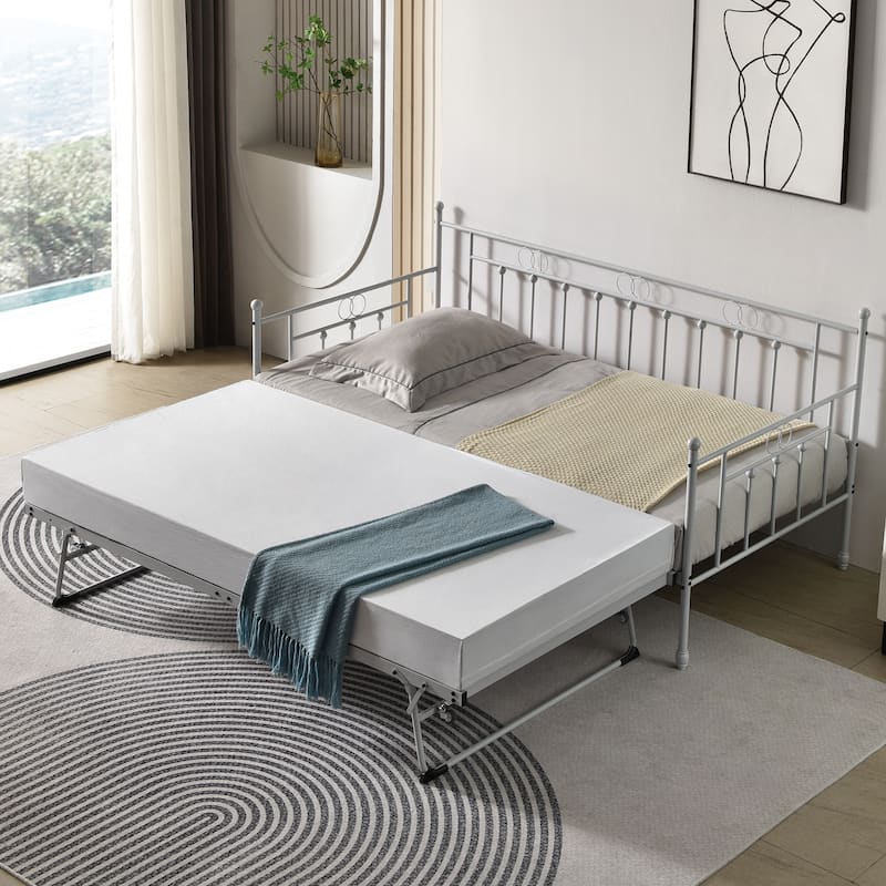 Twin Steel Metal Daybed With Pop-Up Trundle - Grayish White - Twin