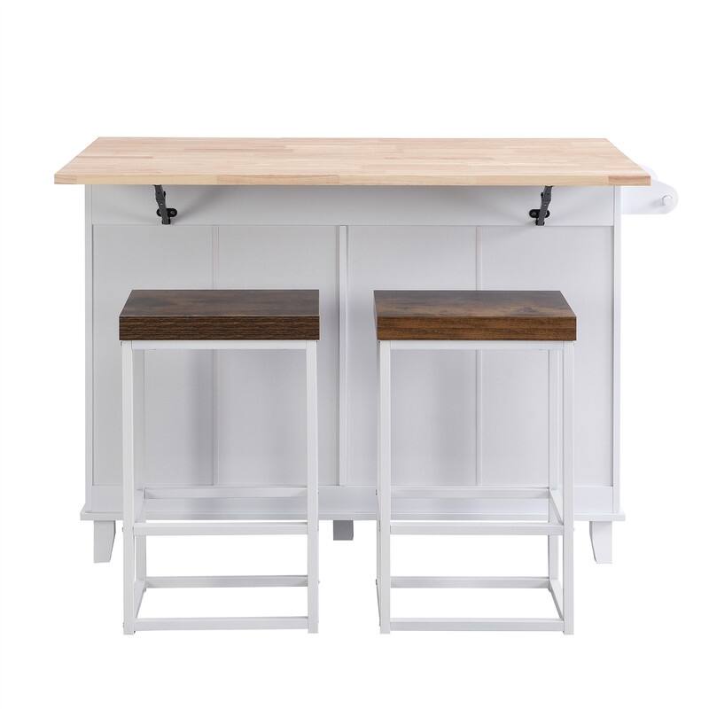3-Piece Kitchen Island Set with Drop Leaf and 2 Seatings, Dining Table Set with Storage Cabinet, Drawers and Towel Rack