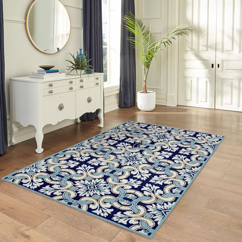 Liora Manne Ravella Floral Tile Indoor/Outdoor Rug Navy 7'6" x 9'6"