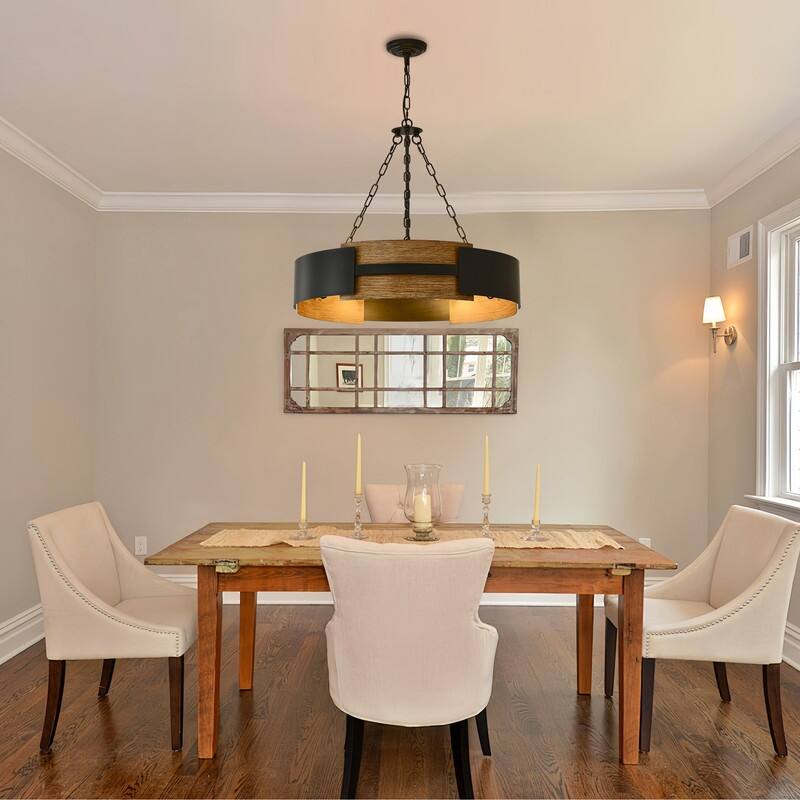 Farmhouse Drum Chandelier Wood Grain Rustic Industrial Round Metal Pendant Light