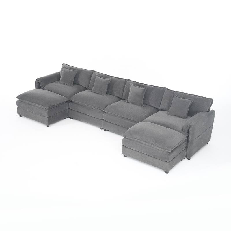 U Shaped Modular Sectional Sofa with 2 Movable Ottomans, Oversized Chenille Deep Seat Sofa, Comfy 4-Seater Sofa with Pillows