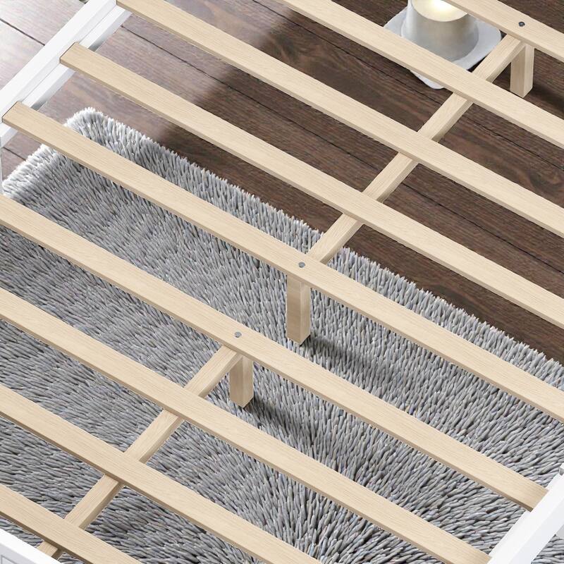 Full/Queen Wooden Platform Bed Frame with Wide Headboard, Slat Support, Vintage Style, No Box Spring Needed