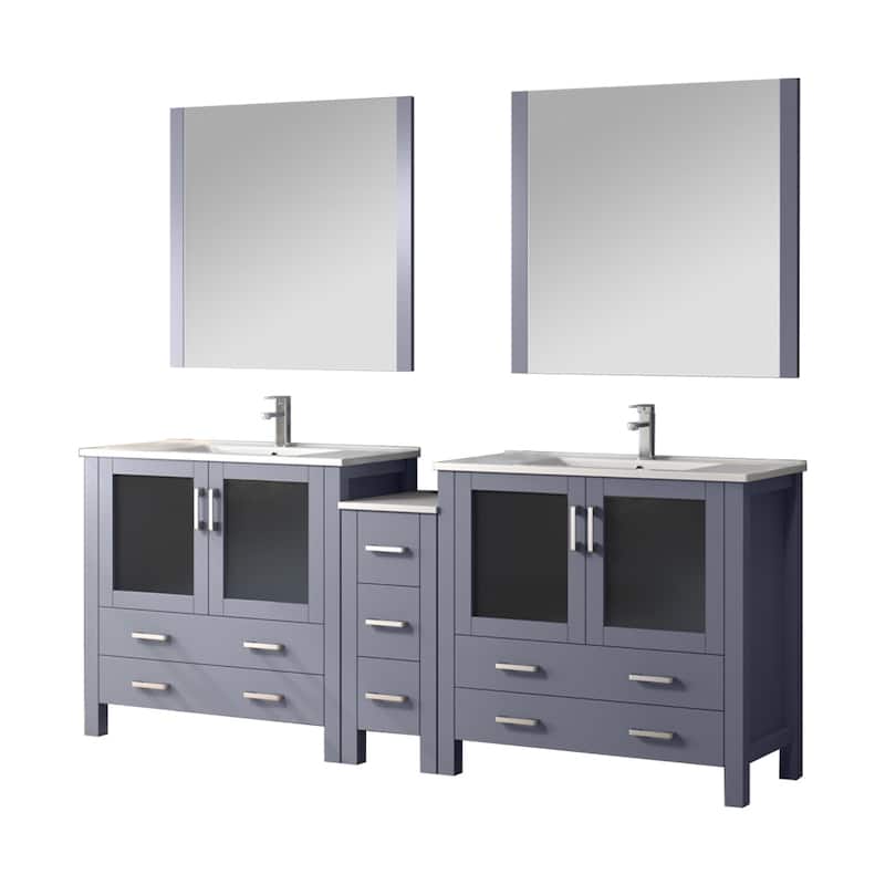 Volez Double Bath Vanity with Side Cabinet, Faucet Set, White Ceramic Top and Mirrors