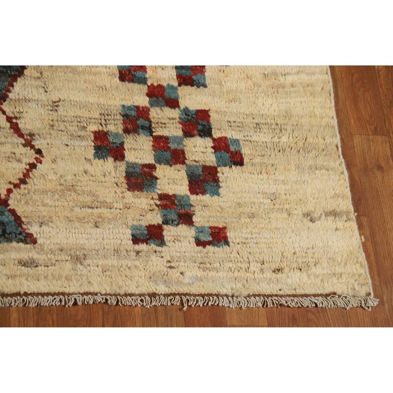 Geometric Moroccan Oriental Area Rug Hand-Knotted Beige Wool Carpet - 6'6" x 9'7"