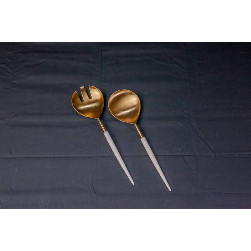 Set of 2 Gold Salad Servers w/ White Resin Handles in Giftbox - Gold & White
