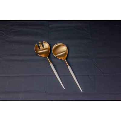 Set of 2 Gold Salad Servers w/ White Resin Handles in Giftbox - Gold & White