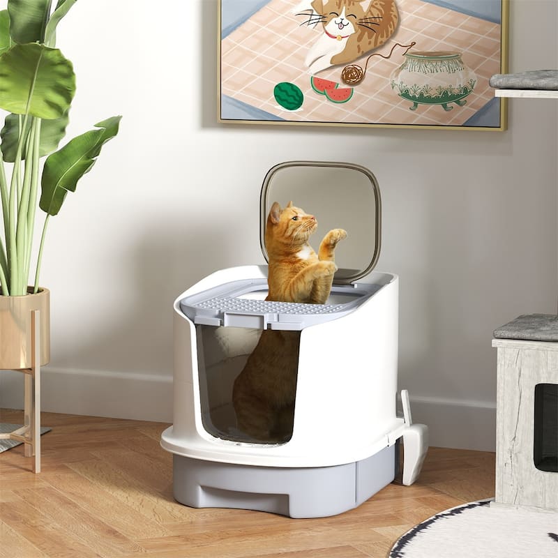 Covered Cat Litter Box with Removable Drawer and Odor Control Bags Top Exit Design for Cats