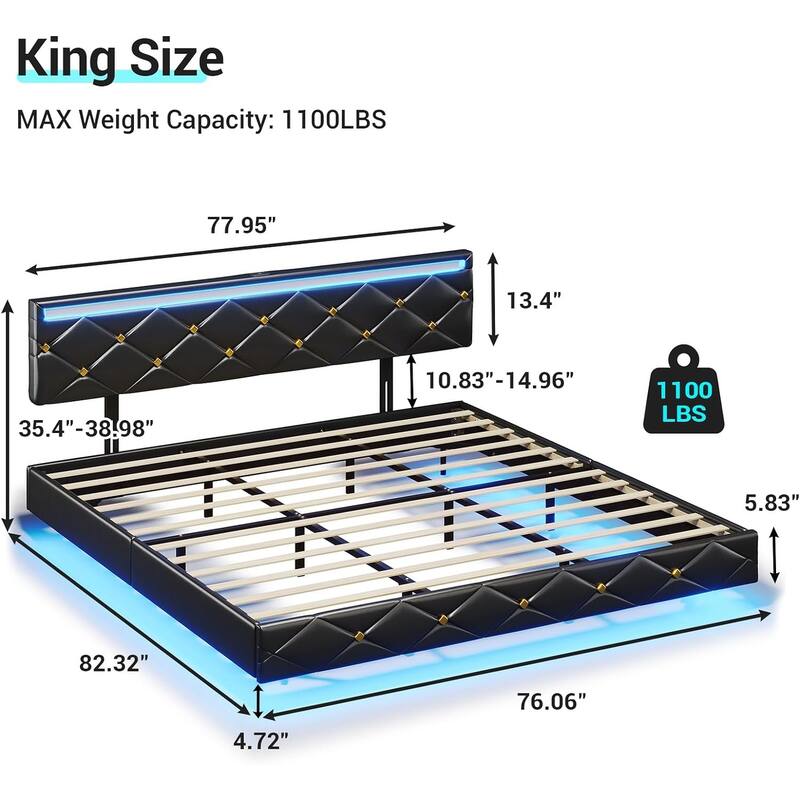 Floating Bed Frame LED Lights USB Ports Low Profile Faux Leather