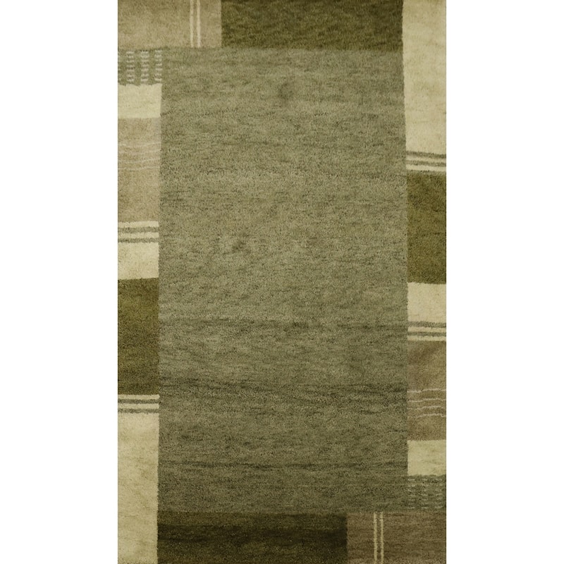 Hand Knotted Oriental 100% Wool Carpet Modern Geometric Green Gabbeh Area Rug - 6' 0'' X 4' 0''