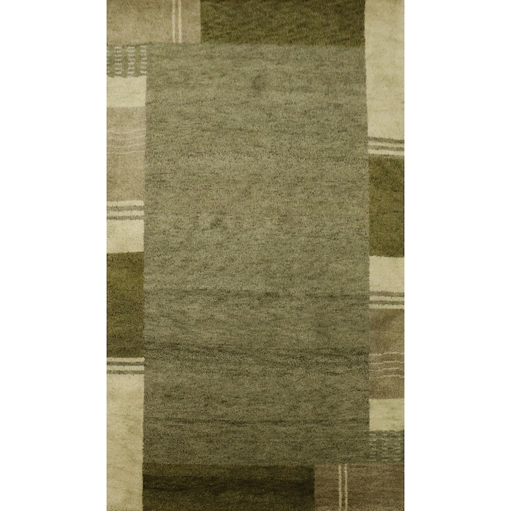 Hand Knotted Oriental 100% Wool Carpet Modern Geometric Green Gabbeh Area Rug - 6' 0'' X 4' 0''