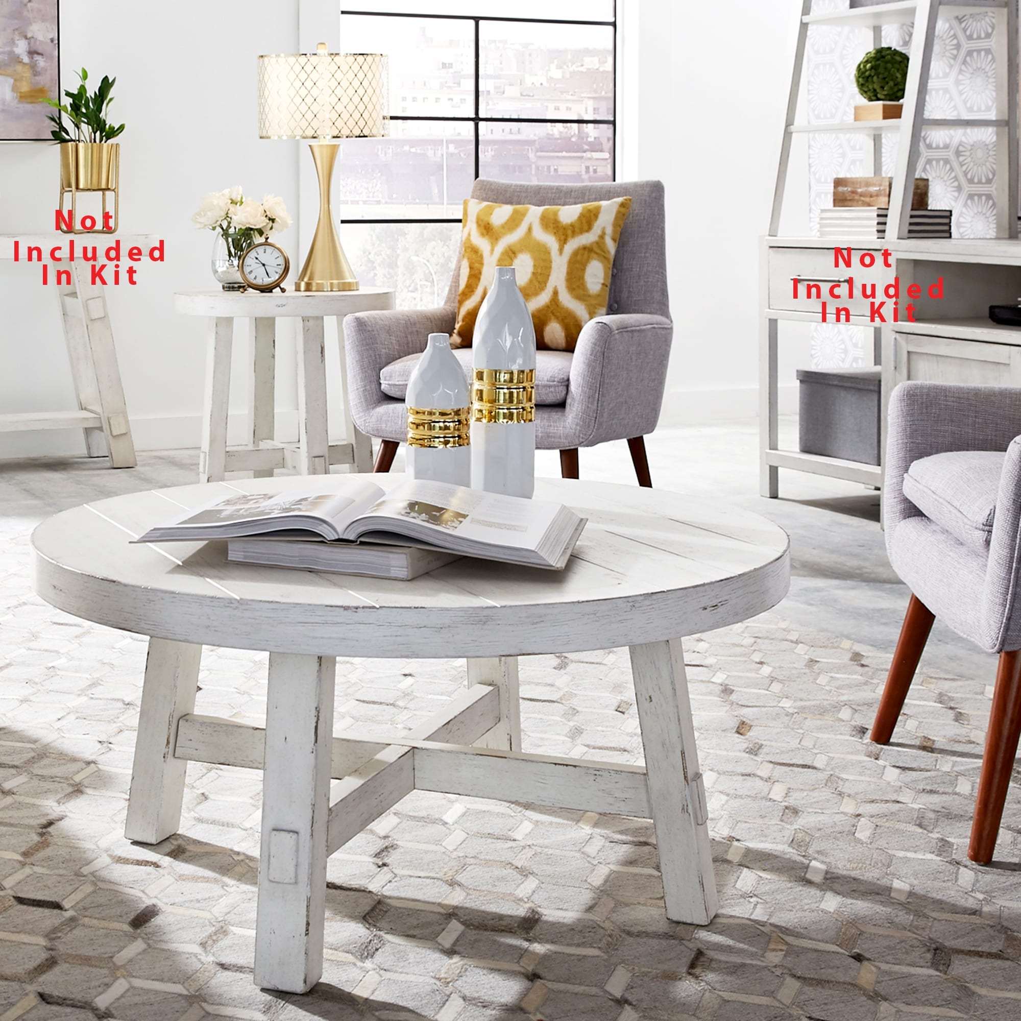 Modern Farmhouse Distressed White Round Cocktail Table, 2 End Tables Set - Cocktail Table, 2 End Tables