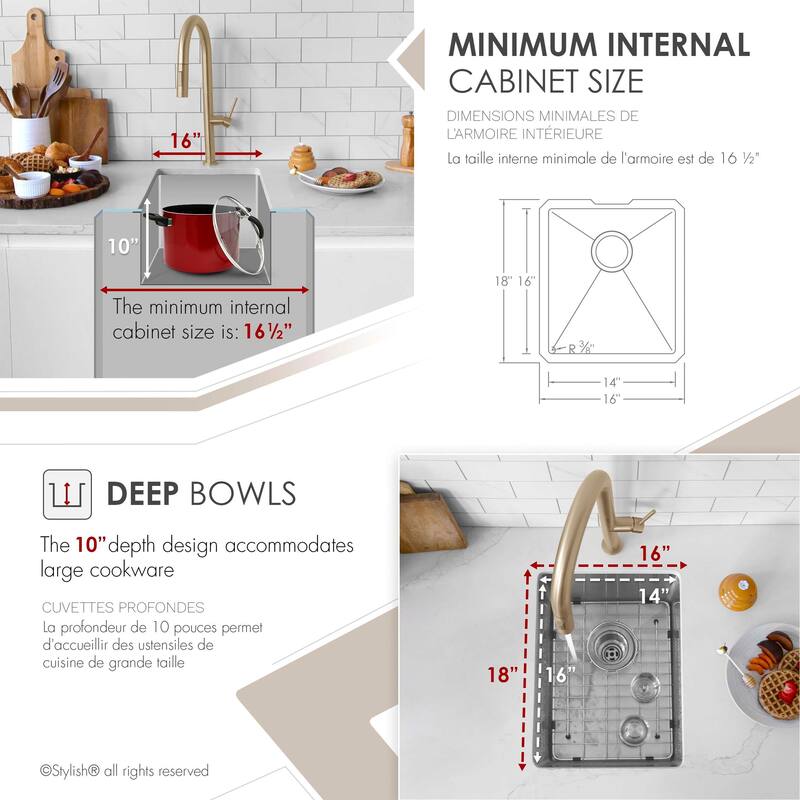 Stylish Undermount 16" Single-Bowl Stainless Steel Bar Sink S-309XG - 16" x 18" x 10"