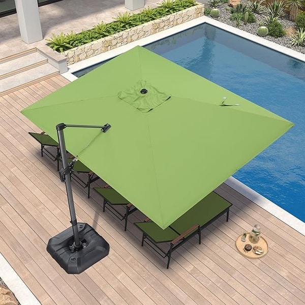 lilac lime green patio umbrella Rectangle Cantilever 9 x 12 / 10 x 13 ft Purple Outdoor Patio Market Umbrella Powder coated rust free brown steel frame with 6 steel ribs Easy to use hand crank lift mechanism The umbrella base is not included Umbrella measures 7.5 foot high by 7.5 foot in diameter Keep the sun at bay in style with this richly colored market umbrella PURPLE LEAF 9 ft. x