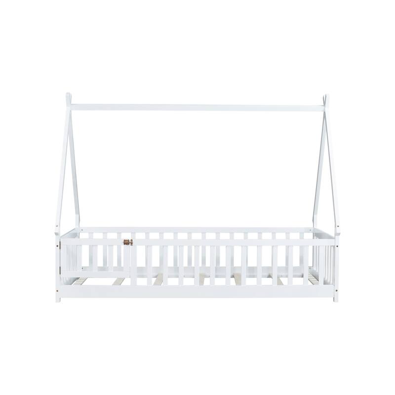 White Twin Tent-shaped Floor Bed with Guardrails, Slats and Door - Teepee Design