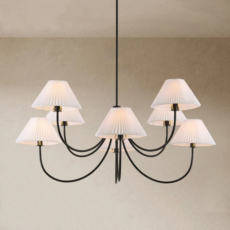 8/5-Light Mid-Century Modern Gold/Black Chandelier with Pleated Fabric Lampshades Hanging Light for Living Room, Dining Room