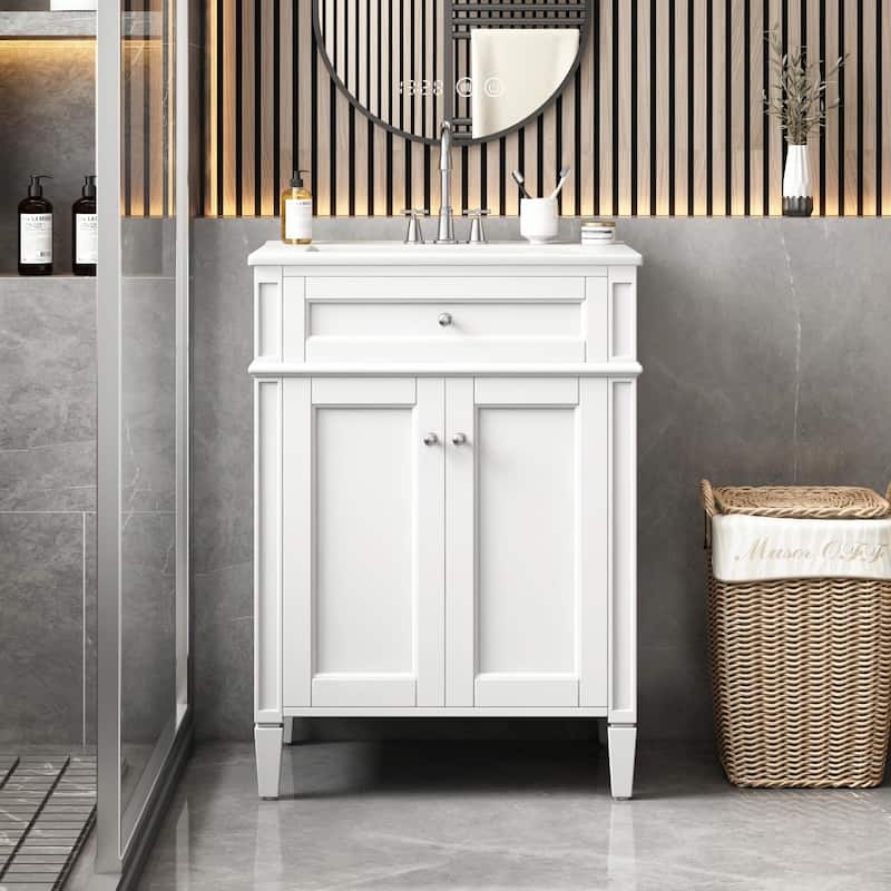 24" Bathroom Vanity with 2 Doors and Tip-Out Drawer - Bathroom Storage Cabinet with Sink - White