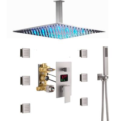 brushed nickel ceiling mount 12 inch LED rainfall 3 way digital display shower system with body jets - 7'6" x 10'9"