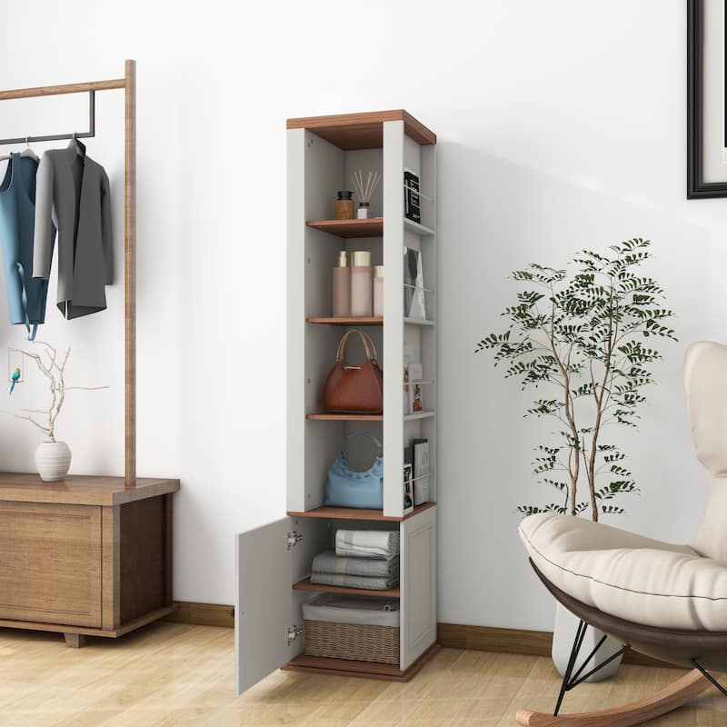360°Rotating Storage Cabinet with Full-Length Mirror,total of 8 open shelves on both sides,One Side Hooks,1 Door with a Shelve