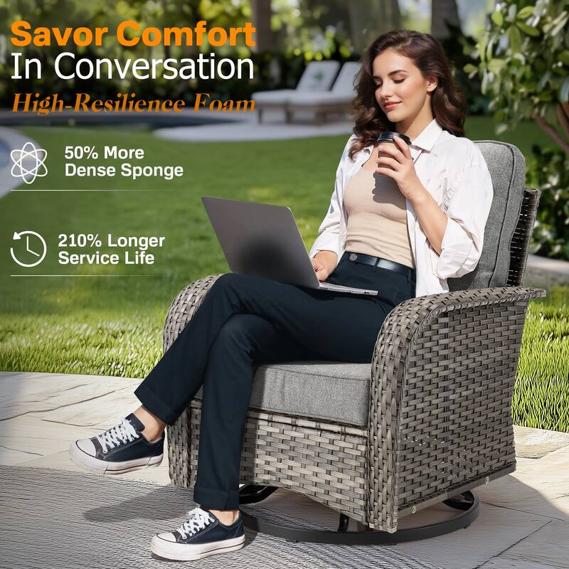 OVIOS 7-piece Patio Wicker Swivel Rocking Chair Set With Fire Pit