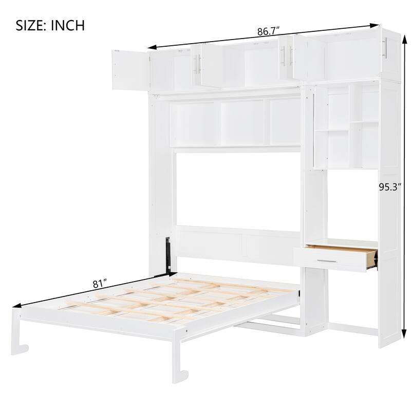 Full Size Murphy Bed with Built-In Desk and Storage with 3 Top Cabinets, Shelves and Workspace