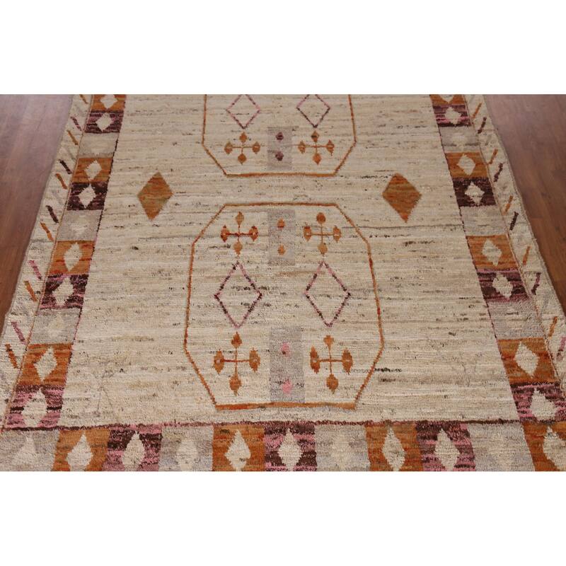 Geometric Beige Moroccan Oriental Area Rug Handmade Tribal Wool Carpet - 6'11" x 9'9"