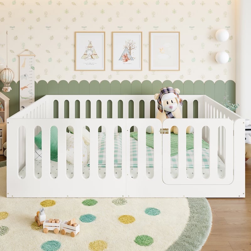 Full Size Floor Bed with High Fence for Kids, Solid Wood Kids Montessori Bed with Door, No Box Spring Needed Design