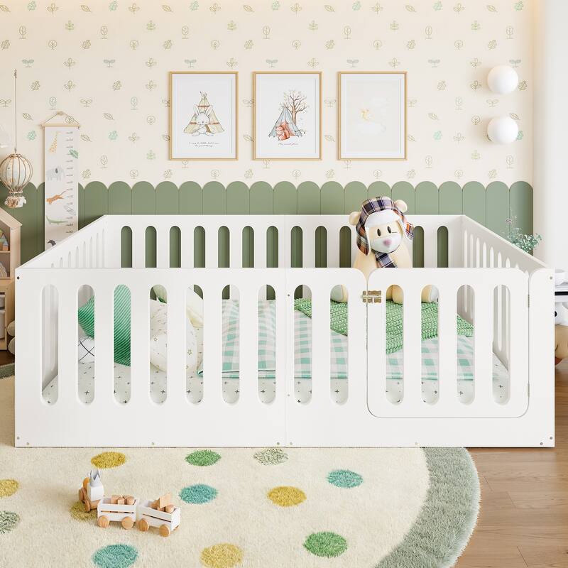 Toddlers Montessori Floor Bed with High Fence, Door, Low Profile Platform Bed Frame for Kids with No Box Spring Needed, No Slats