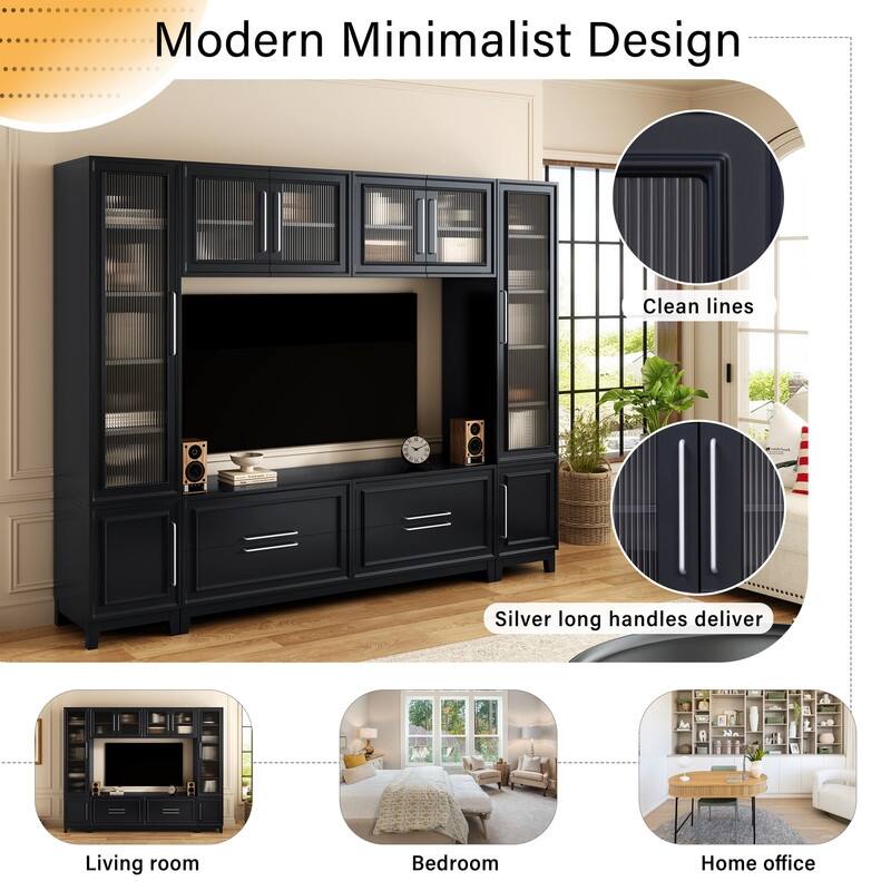 Modern 102" W Wall Unit Entertainment Center for TVs up to 75", Large Media TV Console with Glass Doors and Drawers