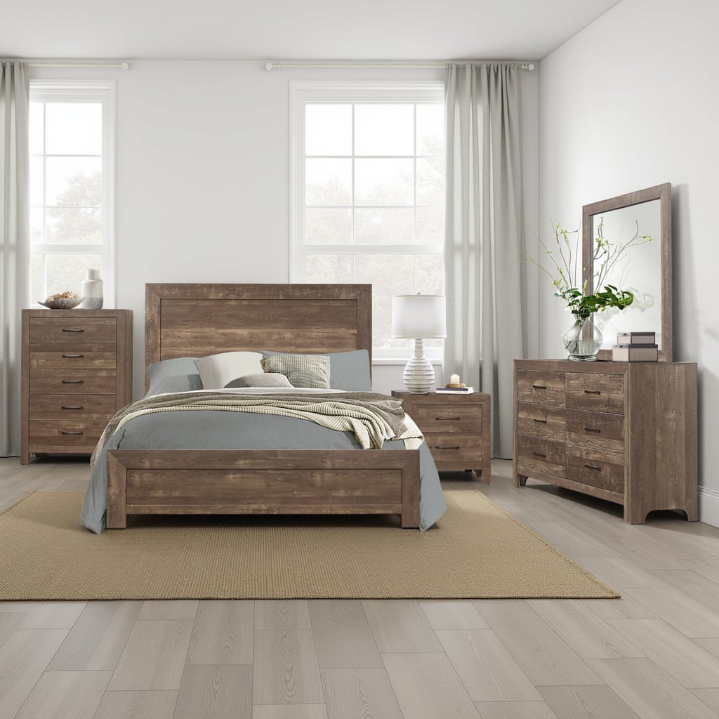 Ko Four Piece King Size Bedroom Set, Panel Detailings, Black Metal Handles, Rustic Brown